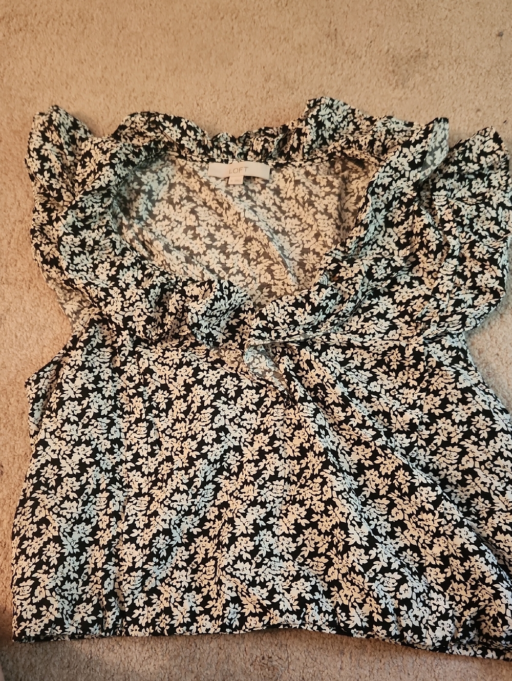 LOFT Black Floral Ruffle Neck Blouse